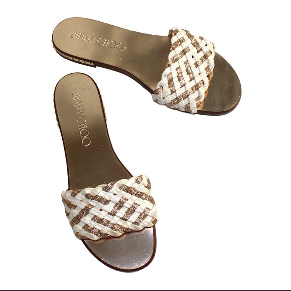 Jimmy Choo White Gold Weave Open Toe Slide Mule Sandal, Size 36.5 (US 6.5) - Picture 1 of 8